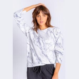 PJ Salvage Women Ivory/Grey Marble Rayon Relaxed Lounge Long Sleeve Top Size XS